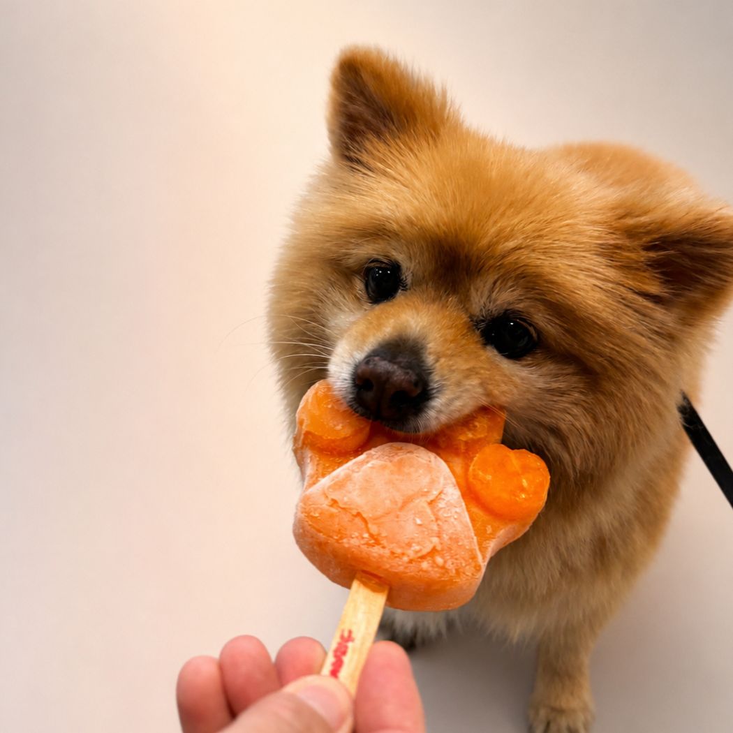 Un Pomeranian comiendo una paleta artesanal de Bravoletas