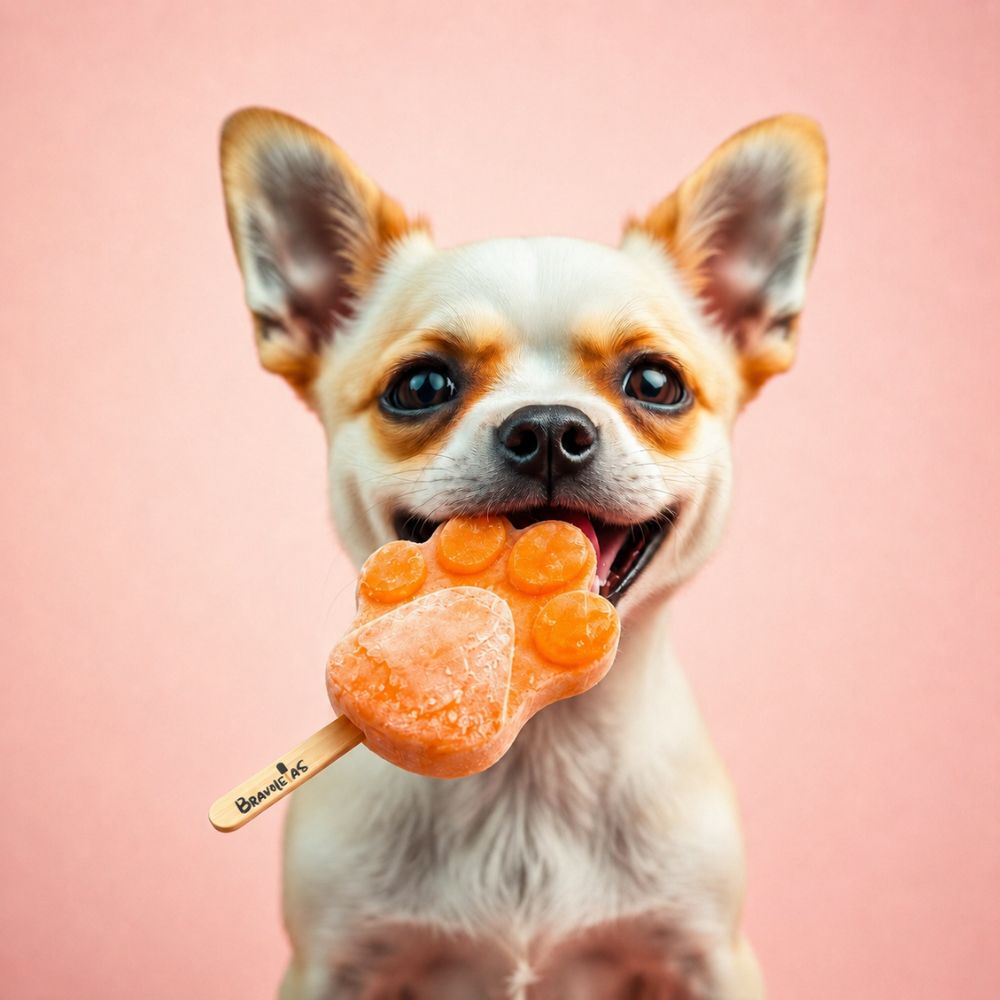 Perro pequeño con una paleta para mascotas en forma de patita de Bravoletas